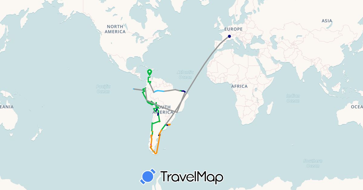 TravelMap itinerary: driving, bus, plane, cycling, hiking, boat, hitchhiking, motorbike in Argentina, Bolivia, Brazil, Switzerland, Chile, Colombia, Ecuador, Spain, France, Peru, Uruguay (Europe, South America)